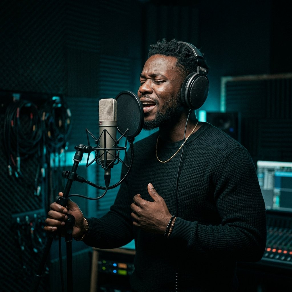 Artist in vocal recording booth